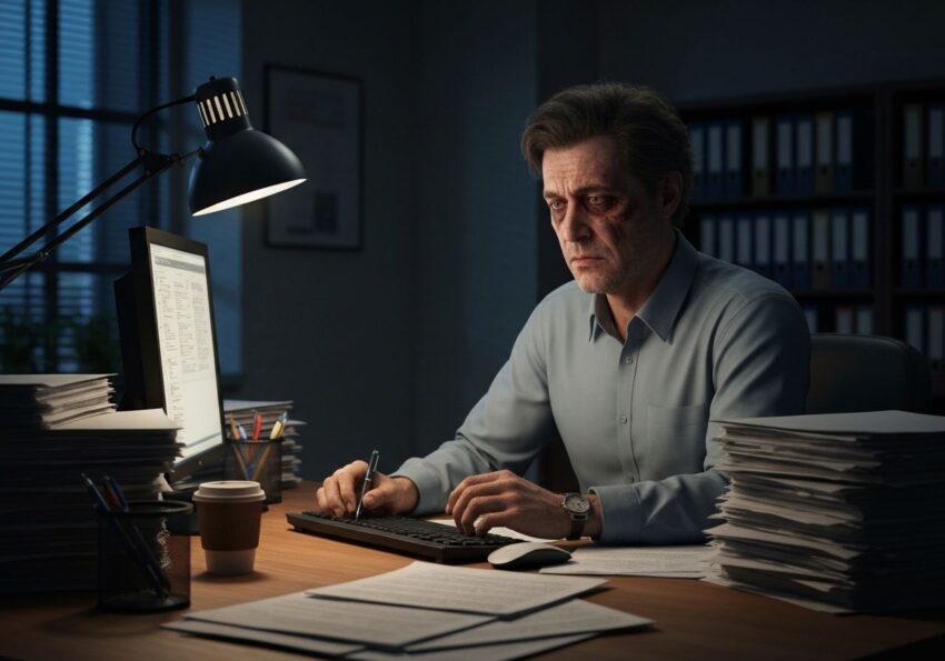 Mężczyzna siedzi przy biurku nocą, zmęczony, otoczony dokumentami i komputerem, w słabym świetle lampki.