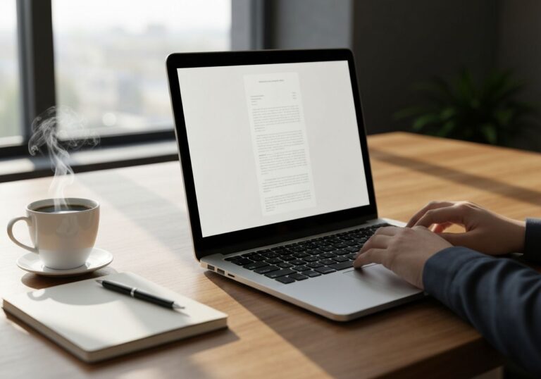 Profesjonalne miejsce pracy z laptopem, notatnikiem, kawą i dłońmi piszącymi na klawiaturze przy oknie.