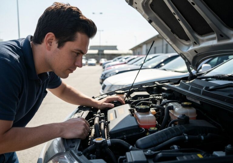 Osoba dokładnie sprawdza silnik używanego auta na otwartym parkingu przed zakupem.