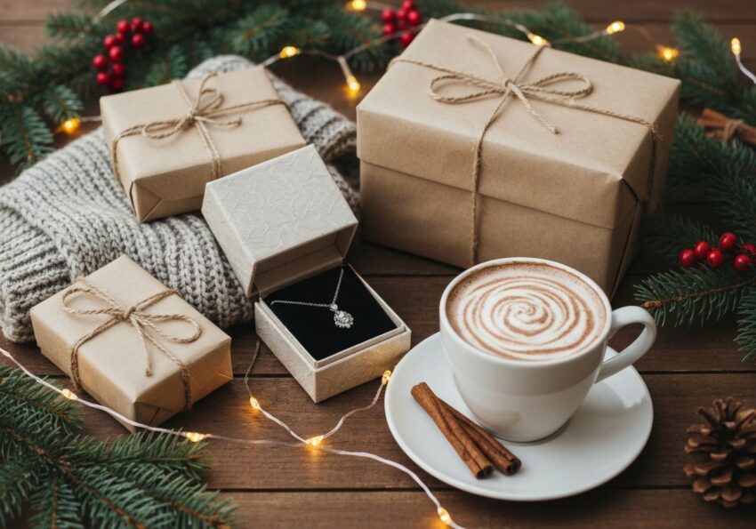 Świąteczne prezenty na drewnianym stole z lampkami, szalikiem, biżuterią i kubkiem gorącej czekolady.