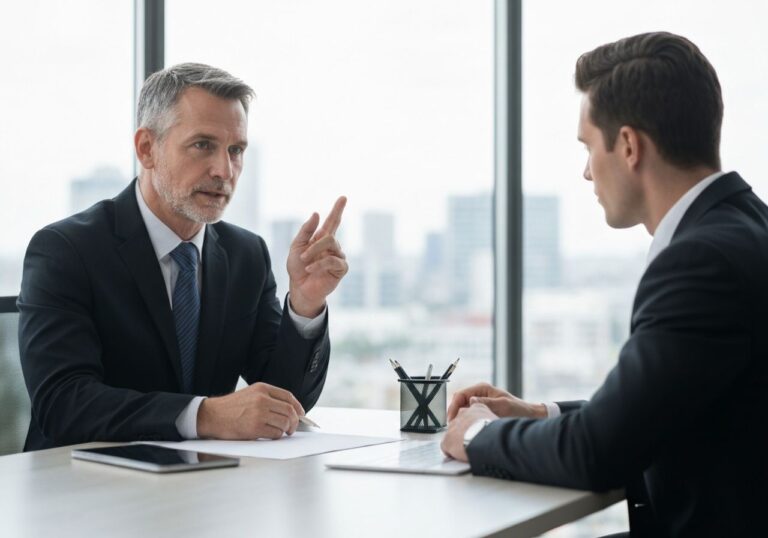 Menadżer negocjuje warunki wynagrodzenia z pracownikiem przy biurku w nowoczesnym biurze z widokiem na miasto