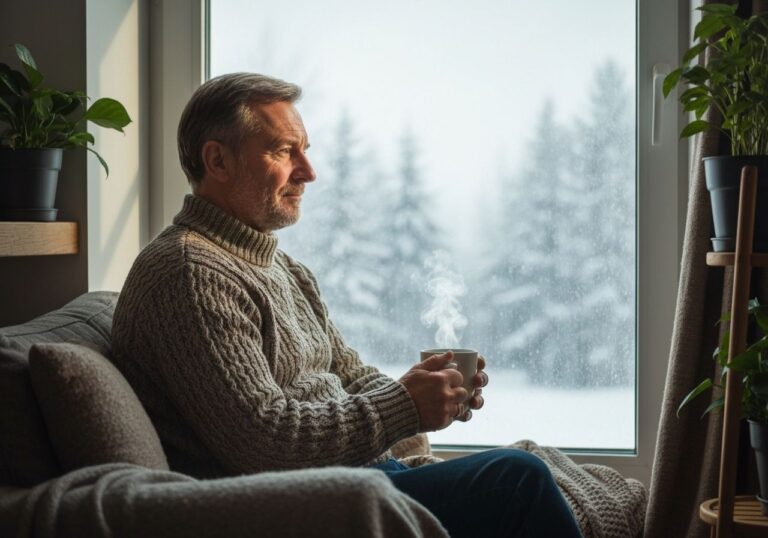 Średniowieczny mężczyzna przy oknie w zimowy dzień trzymający kubek z parującym napojem, za oknem śnieg.