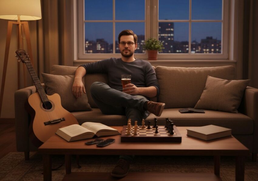 Mężczyzna w salonie relaksuje się po pracy, trzymając piwo, obok gitara, szachy i pół przeczytanej książki.