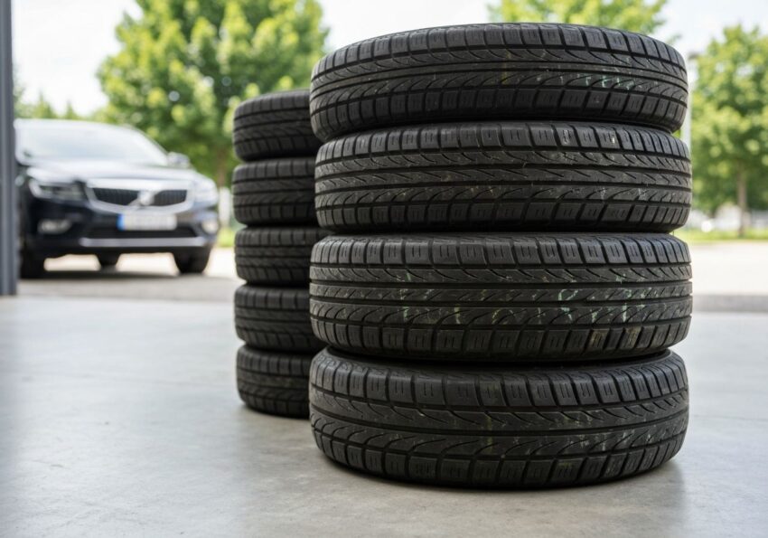 Zestaw opon całorocznych ułożonych na betonowej powierzchni, w tle samochód i drzewa