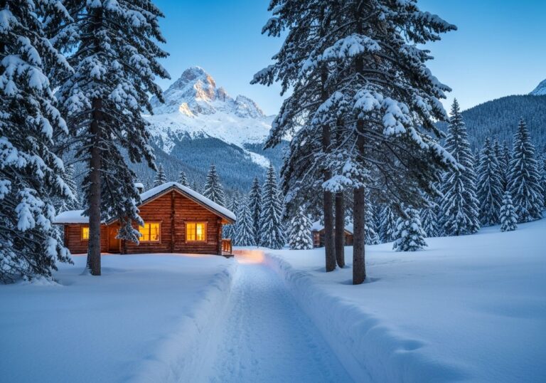 Drewniany domek w zimowym lesie z śniegiem, ścieżką i górami pod błękitnym niebem.