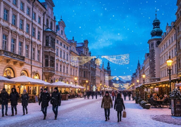 Ulica w europejskim mieście zimą, z lampami ulicznymi, świątecznymi dekoracjami i spacerującymi ludźmi.