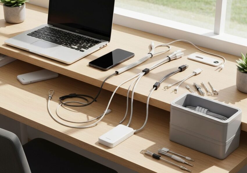 Nowoczesne biurko z uporządkowanymi kablami za pomocą klipsów, opasek i pudełka do zarządzania kablami.