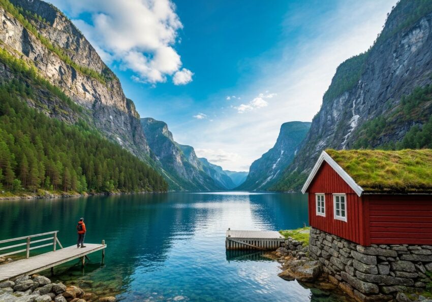 Fjord skandynawski z czerwoną chatą, lasem sosnowym i osobą na pomoście w naturalnym świetle zachodu słońca