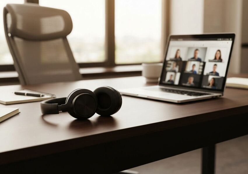 Nowoczesne biurko z laptopem, słuchawkami nausznikowymi i ergonomicznym krzesłem w tle.