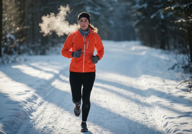Kobieta biegająca w zimowej odzieży po zaśnieżonej leśnej ścieżce o poranku.