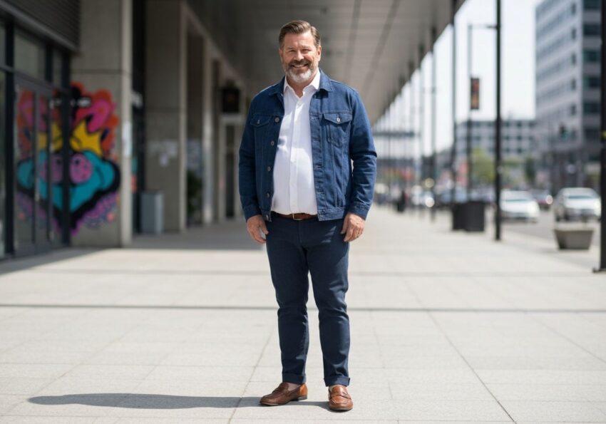 Mężczyzna z dużym brzuchem w casualowym ubraniu stoi na mieście, uśmiechnięty i zrelaksowany.