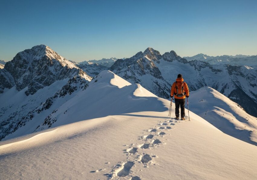 Mężczyzna w odzieży zimowej na śnieżnym grzbiecie górskim z widokiem na szczyty pod niebem.