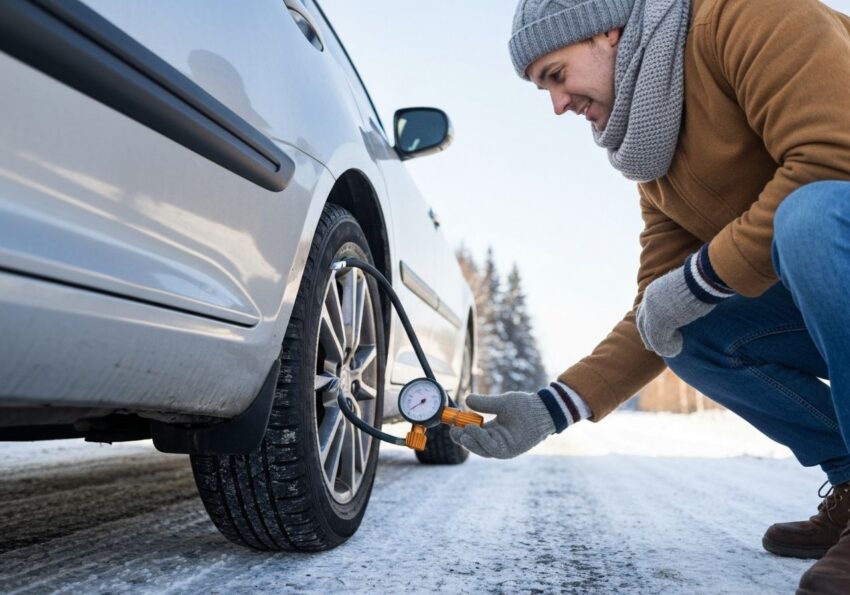 Osoba mierzy ciśnienie w oponie samochodu na zimowej poboczu przed wyjazdem na urlop.
