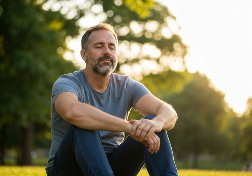Mężczyzna medytujący w parku podczas złotej godziny, zrelaksowany, w otoczeniu zieleni i miękkiego światła.
